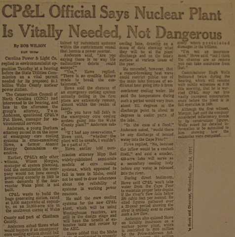 "CP&L Official Says Nuclear Plant is Vitally Needed, Not Dangerous"