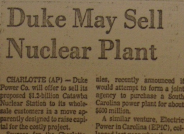 "Duke May Sell Nuclear Plant"