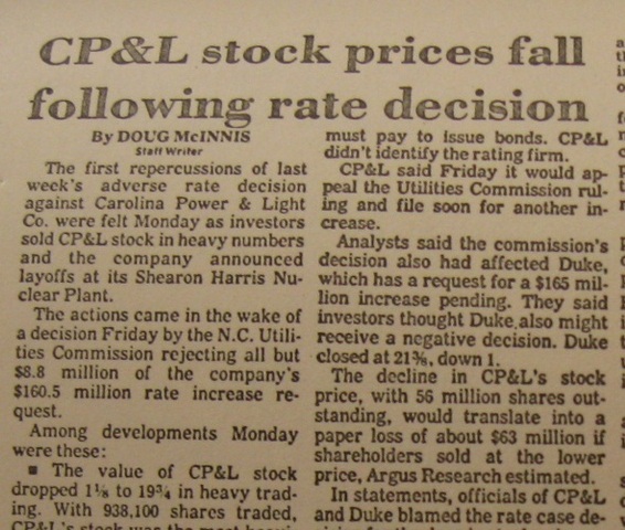 "CP&L Stock Prices Fall Following Rate Decision"