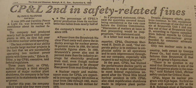 "CP&L 2nd in Safety-Related Fines"