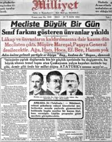 Abolishment of titles and by-names. Acccording to the Law on Family Names, the Turkish Grand Assembly gave “Atatürk” (Father of Turks) as last name to Mustafa Kemal