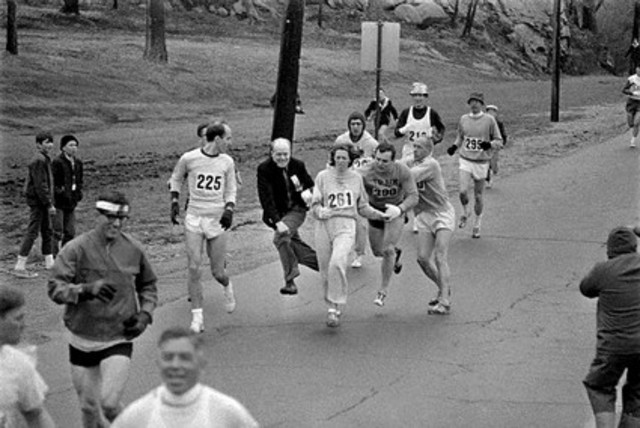 Sports and Music: Katherine Switzer runs the Boston Marathon