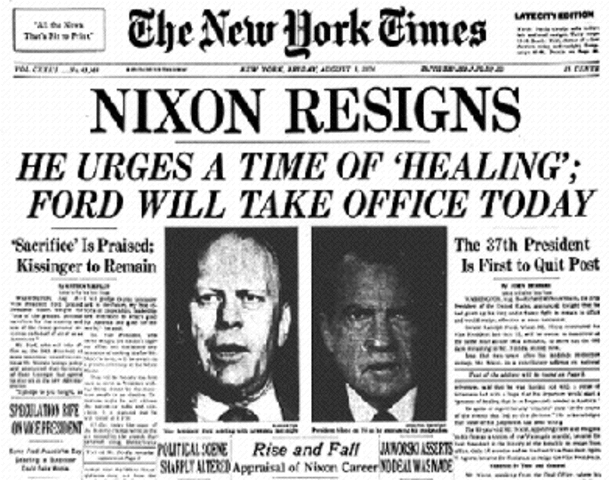 Nixon resigns and Ford is sworn in as the new President