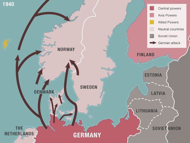 Nazis invade Denmark, Norway, the Netherlands, Luxembourg and Belgium – take control