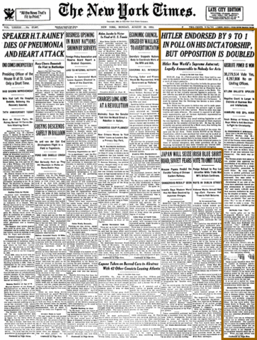 Hitler Endorsed by 9 to 1 in Poll on his Dictatorship, but Opposition Is Doubled