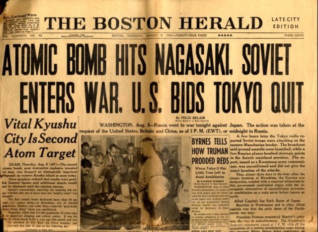Americans drop a second atomic weapon on Nagasaki, Japan