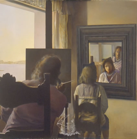 Salvador Dali - Dalí de dos peignant Gala de dos éternisée par six cornées virtuelles provisoirement réfléchies dans six vrais miroirs