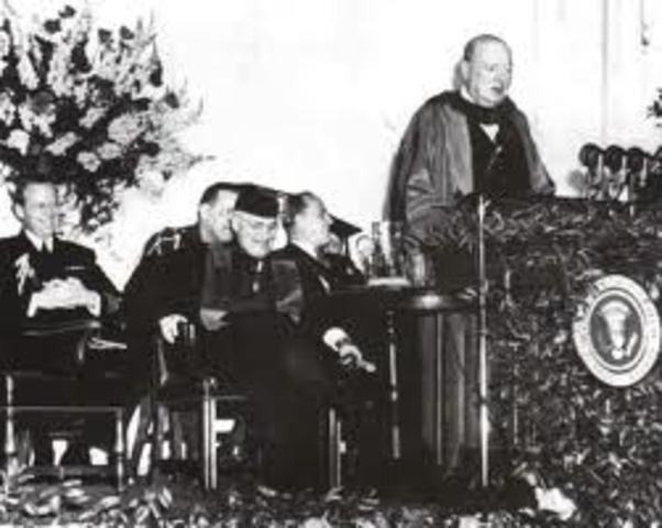 Churchill delivers "Iron Curtain" speech in Fulton, MO at Westminster College