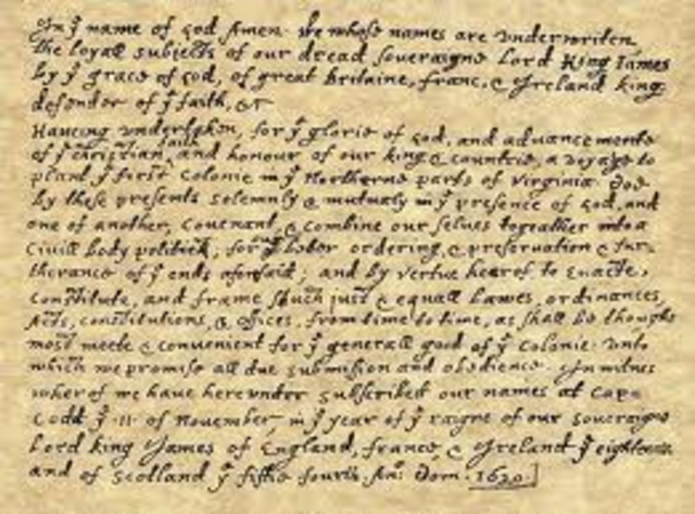 -The Mayflower Compact, the first document of self-government in North America, is written by Pilgrim leaders in Plymouth