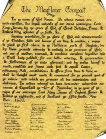 The Mayflower Compact, the first document of self-government in North America, is written by Pilgrim leaders in Plymouth