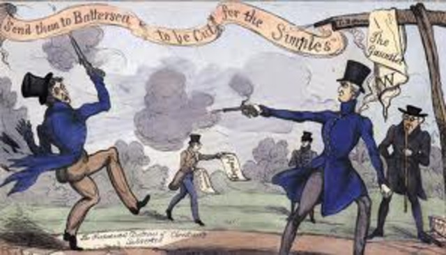 Federalist leader, Alexander Hamilton, killed in a duel with Republican, Aaron Burr