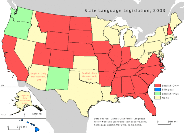 By 1923, 34 states had laws mandating English-only instruction