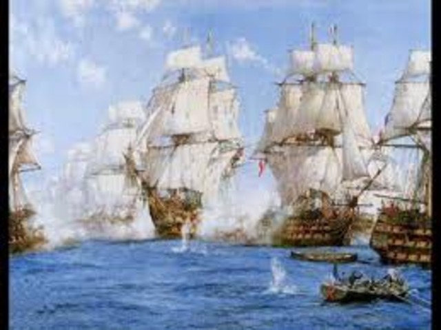 The American ship, the Constitution, battles the British ship, Guerriere, in the north Atlantic near the beginning of the War of 1812