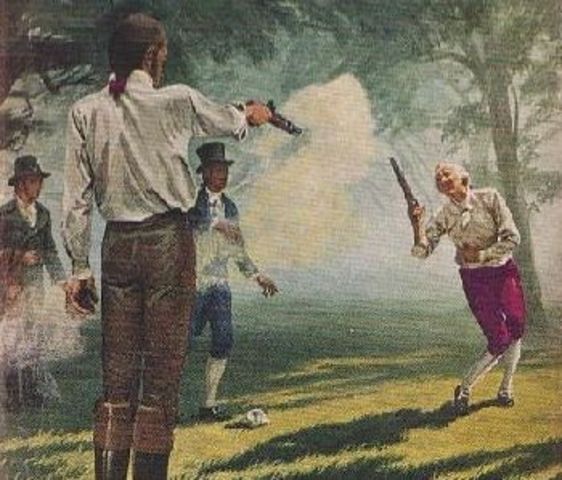 Federalist leader, Alexander Hamilton, killed in a duel with Republican, Aaron Burr