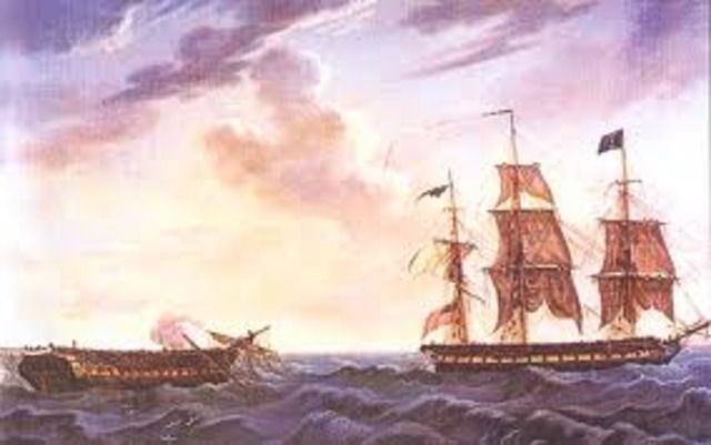 The American ship, the Constitution, battles the British ship, Guerriere, in the north Atlantic near the beginning of the War of 1812