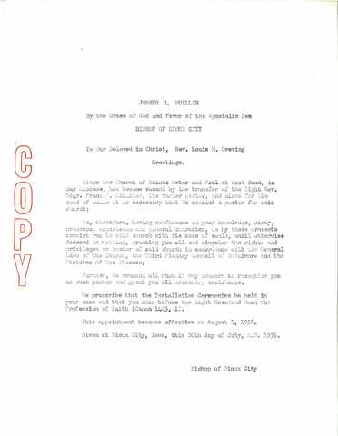 Father Louis Greving assisgned Pastor of Sts. Peter and Paul Church