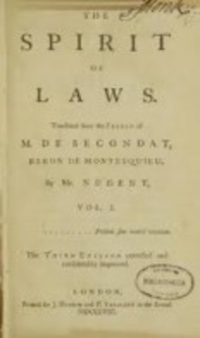 Baron De Montesquieu publishes "the spirit of the laws" urging that the government power be divided into 3 branches