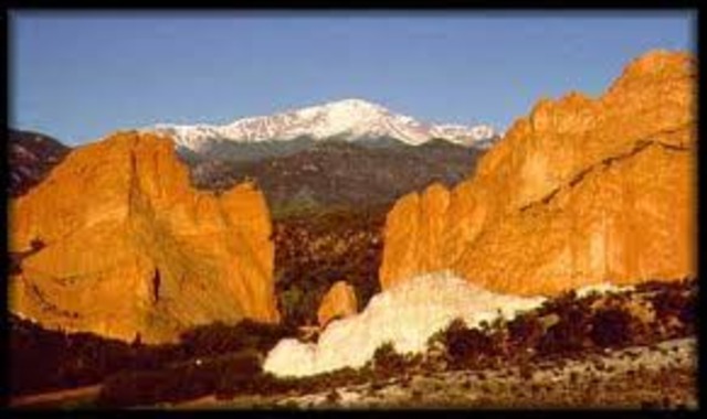 -Zebulon Pike views a mountain peak rising above the Colorado plains, which becomes known as "Pikes Peak"