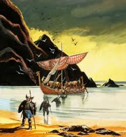 Leif Eriksson, fils d'Erik le Rouge, explore les côtes de l'Amérique du Nord.