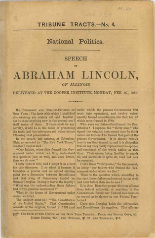 Lincoln delivers speech at Cooper Institute