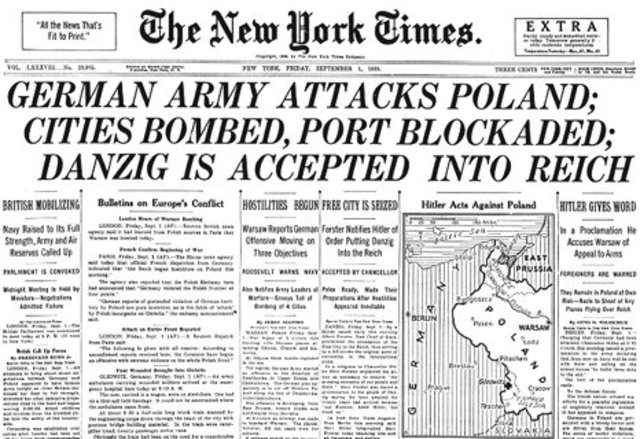 Germany invades Poland, initiating World War II in Europe.
