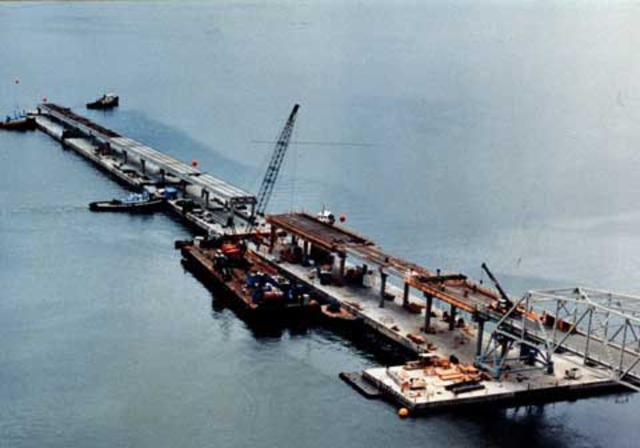 Construction on the Hood Canal Bridge begins