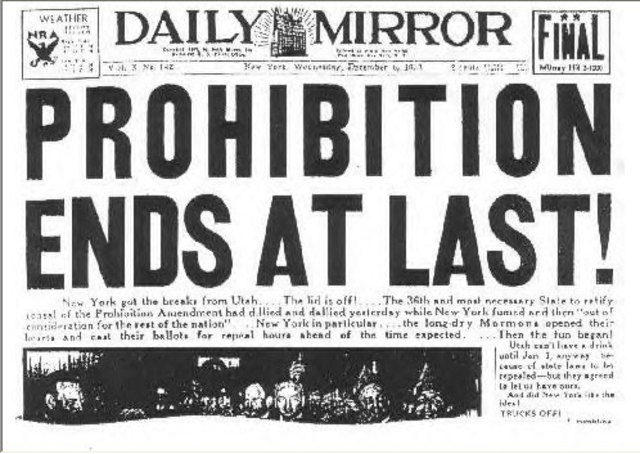 The 21st Ammendment is passed ending Prohibition