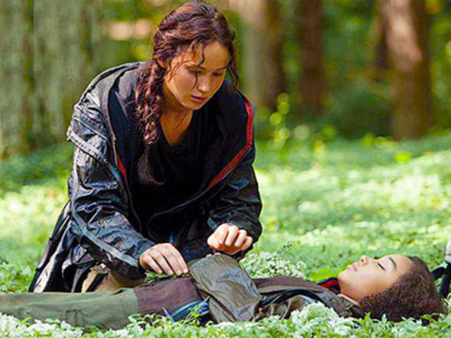 The PeaceKeepers shoot Rue's family when they are in Dstrict 11.