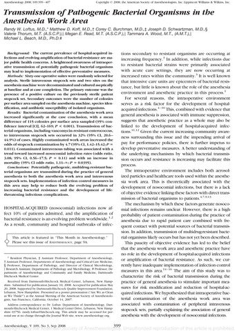 Transmission of pathogenic bacterial organisms in the anesthesia work