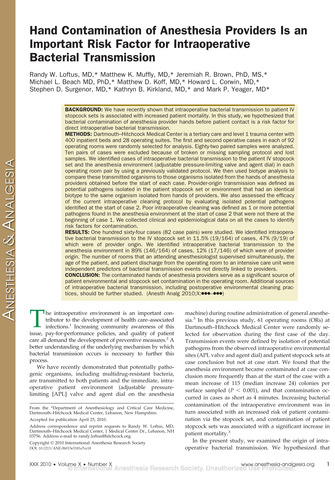 Hand contamination of anesthesia providers is an important risk factor for intraoperative bacterial transmission