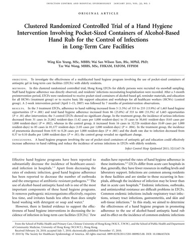 Clustered randomized controlled trial of the hand hygiene intervention involving pocket-size containers of alcohol-based hand rub for the control of infections in long-term care facilities (LTCFs)