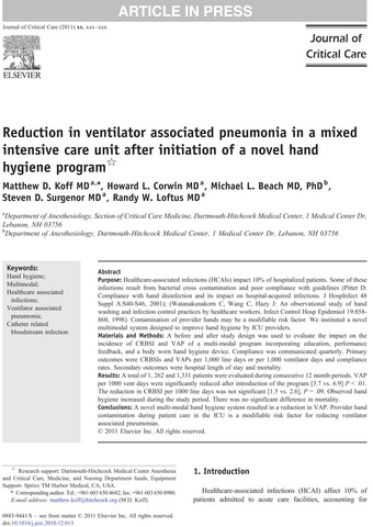 Reduction in ventilator associated pneumonia in a mixed intensive care unit after initiation of a novel hand hygiene program