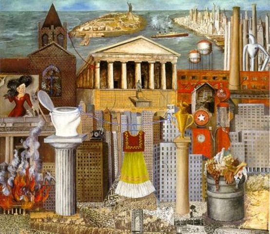 Frida unhappy in the United States paints "My Dress Hangs There"