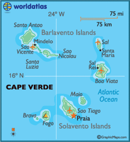 Passes Cape Verde Islands but is unable to land