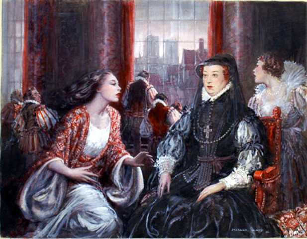 The Catholic Mary Queen of Scots flees to England and is imprisoned by Elizabeth I at Fotheringay Castle as a Catholic threat to her throne