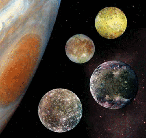 Discovers four moons orbiting Jupiter