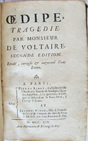 Voltaire uses his pen name for the first time