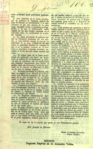 El 24 de febrero de 1822 el segundo Congreso Mexicano acepta las Bases Constitucionales de los tratados de Córdova.