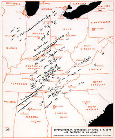 Super Outbreak of tornadoes on the year of 1974