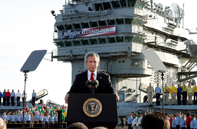 The president announces major war operations in Iraq are over