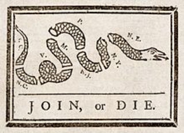 First political cartoon in America: "Join or Die" by Benjamin Franklin