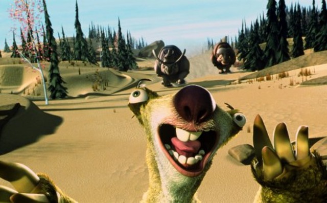 The two rhinos chase Sid toward a cliff