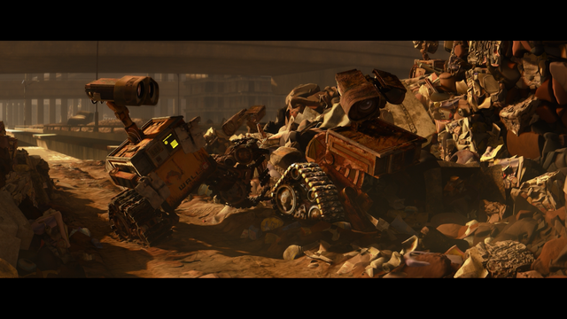 Dead WALL-Es are shown, WALL-E takes a traction belt from one.