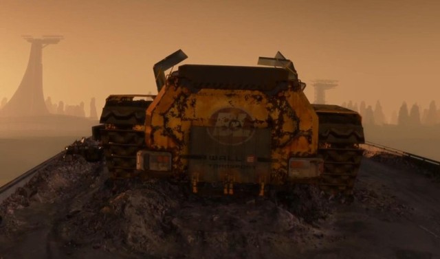 WALL-E goes into his truck. Shows his "treasures".