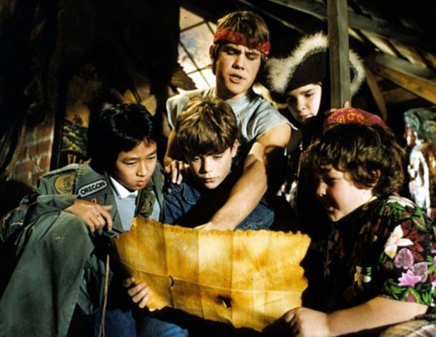 The Goonies find a treasure map in Mikey's attic