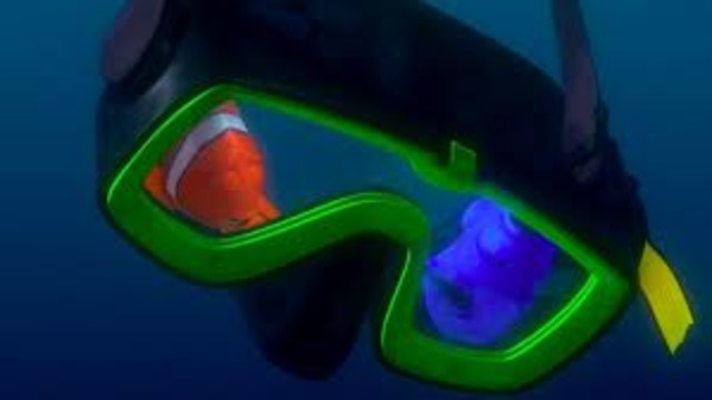 Dory and Marlin find the diver's mask, Dory starts to bleed, and the sharks attack them.