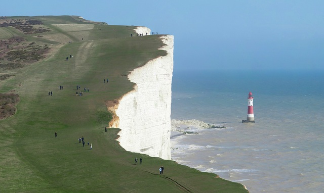 A large piece of the chalk cliff at Beachy Head collapses into the sea.