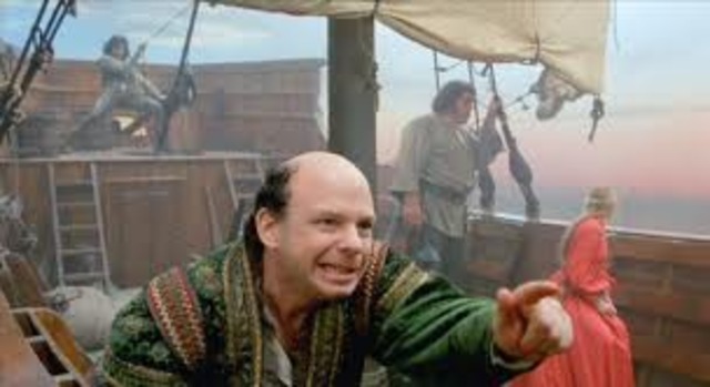 -Vizzini warns her about the shreeking eels and she almost gets eaten by one before Fezzik pulls her up.