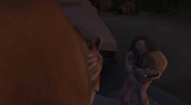 During the attack, the baby's mother grabs the baby and gets chased by Diego