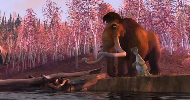 Sid and Manny find the mother and the baby on the shore of the lake below the waterfall